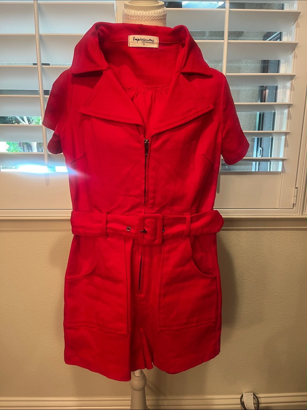 Impressions Vibrant Red Short-Sleeve Belted Utility short romper/jumpsuit.